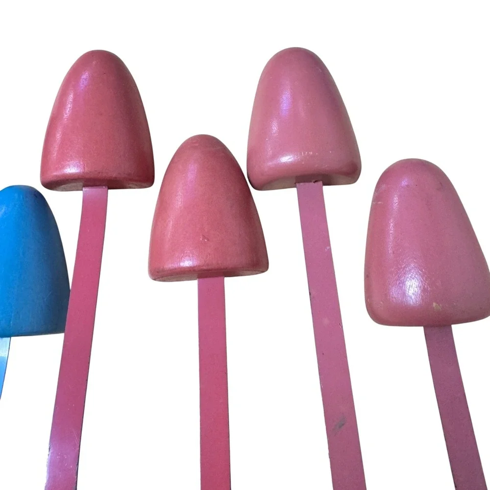 Vintage Lot of 11 Painted Wood Shoe Trees Shapers Pink Blue Mid Century Retro